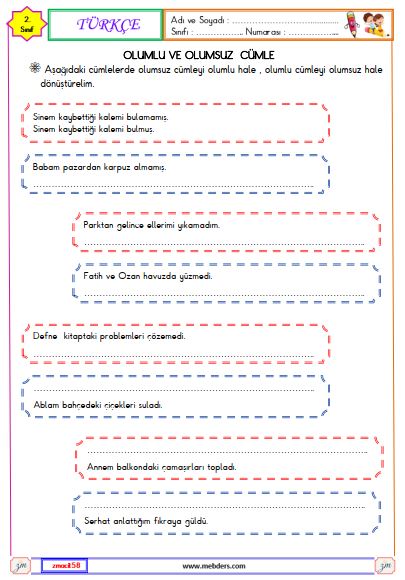 2. Sınıf Türkçe Olumlu ve Olumsuz Cümle  Etkinliği